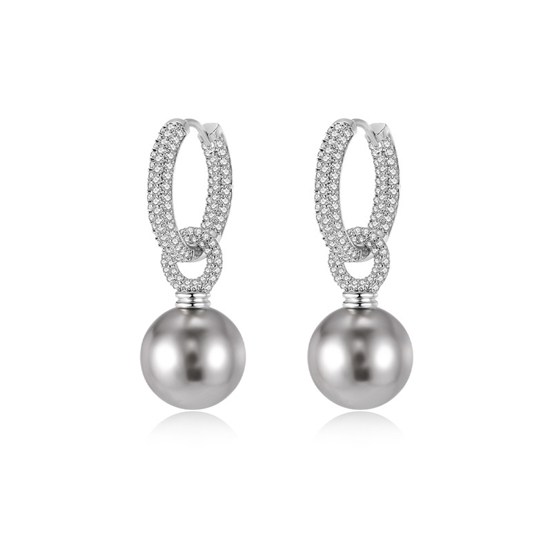 Zircon-set gray pearl earrings, goddess style, detachable round shell pearl earrings