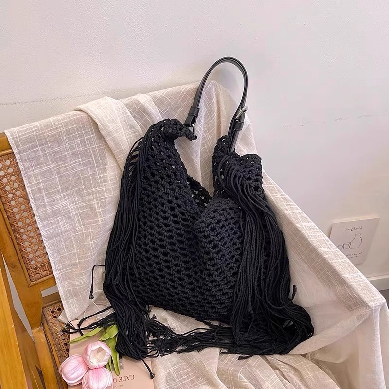 New Hollow Cotton Thread Handwoven Bag Women's Casual Single Shoulder Straw Bag Tote Bag Large Capacity Beach Bag