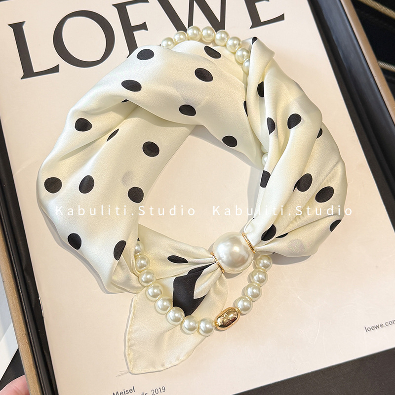 Off-white magnetic buckle pearl necklace, narrow small ears long strip silk scarf for women, neck protection matching shirt thin scarf
