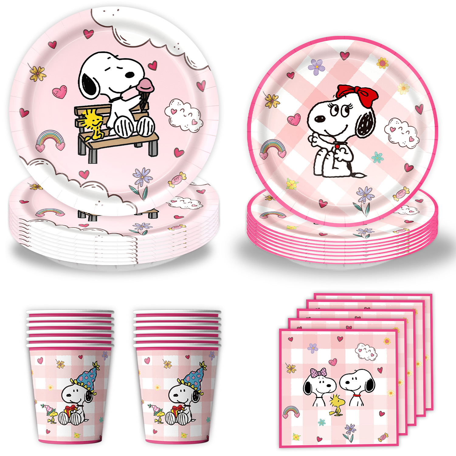 New Pink Snoopy Theme Party Tableware Disposable Paper Plate Napkin Paper Cup Tablecloth Bunting Flag Decoration