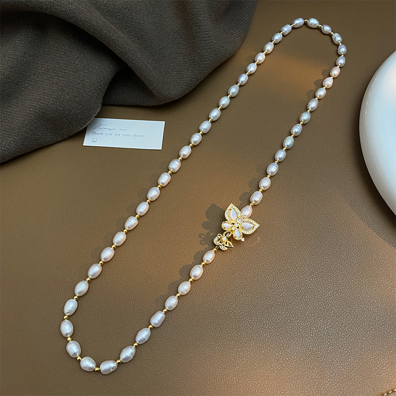 7mm natural pearl necklace long sweater chain, Zhuji freshwater pearl butterfly necklace, collarbone chain