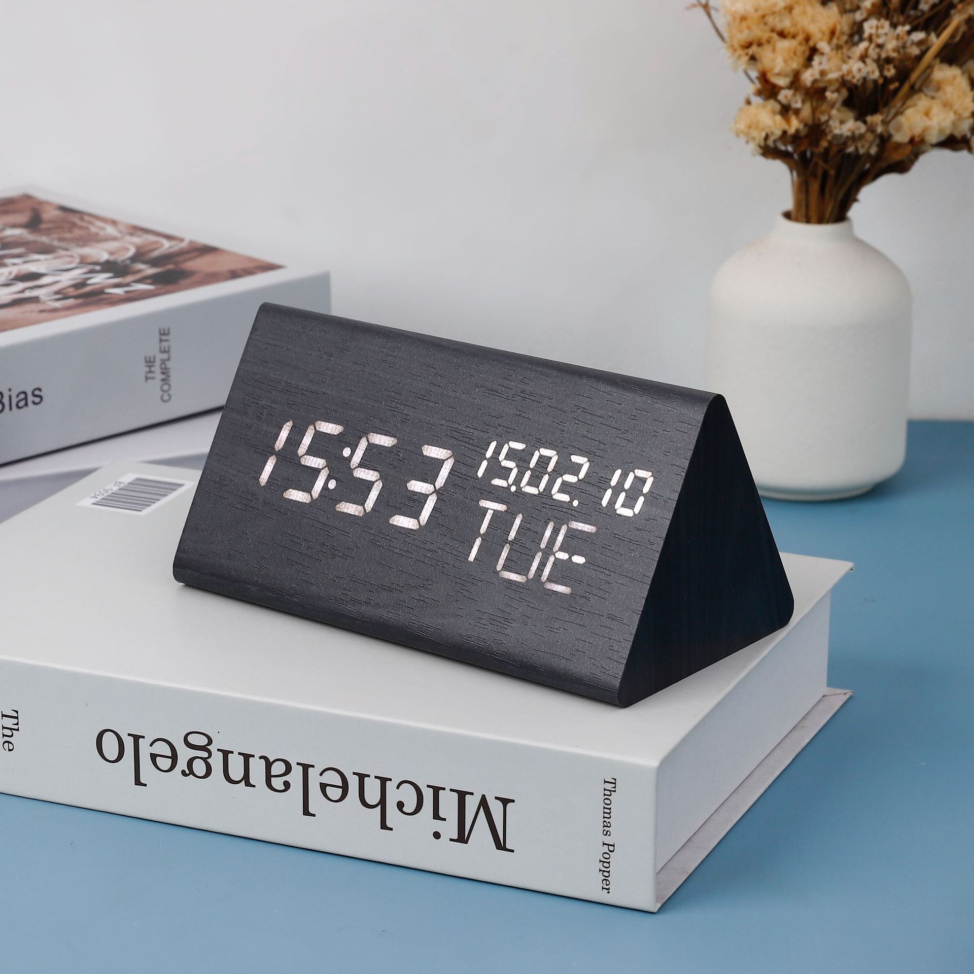 Three-display LED electronic wooden alarm clock, perpetual calendar clock bedside silent night light desk clock wooden clock