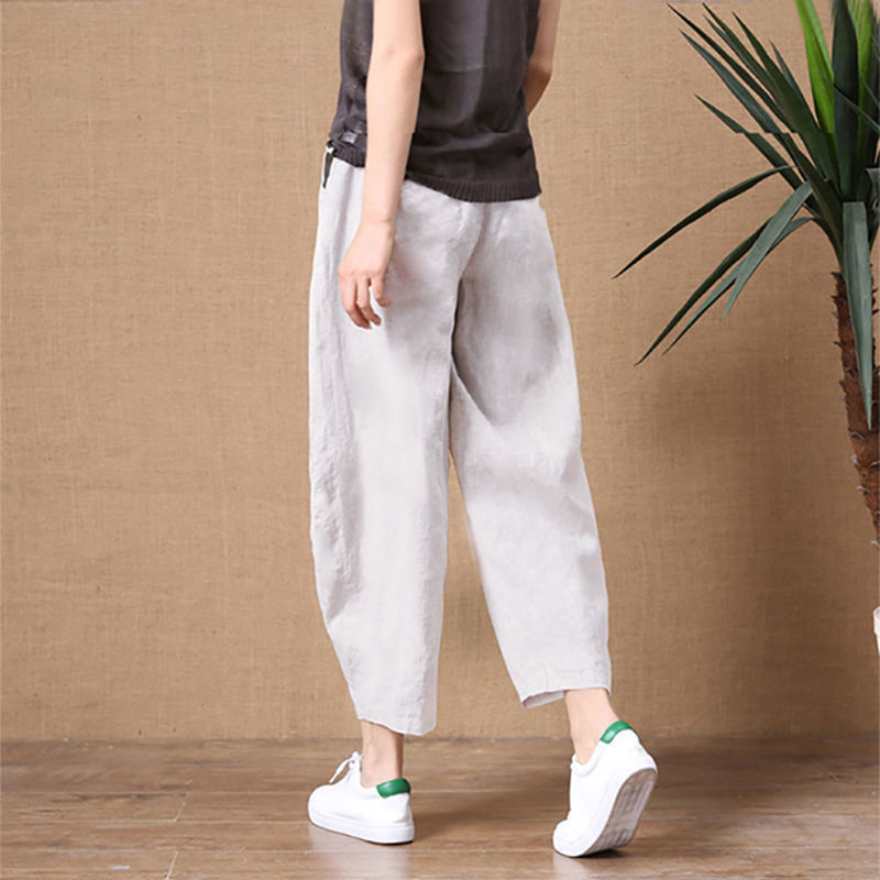 Summer Loose Breathable Seven-tenths Pants Cotton-linen Solid Elastic Waist Women's Wide-leg Pants Simple Casual Pants