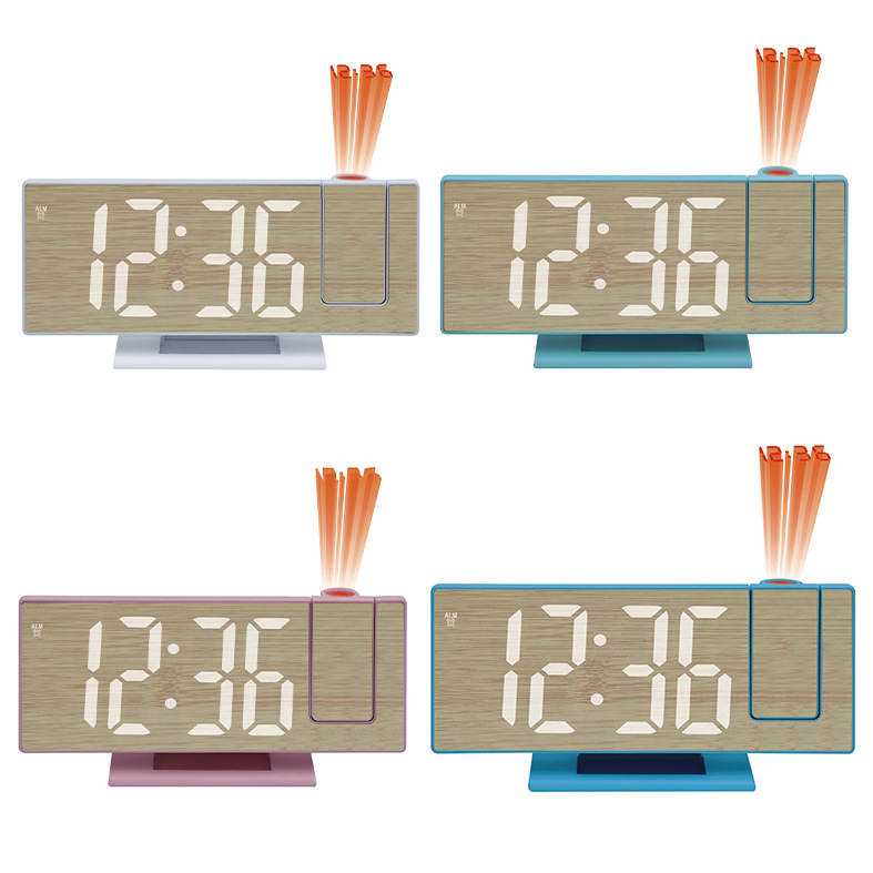 New digital large screen dopamine simple wood grain LED projection mirror clock alarm clock bedroom desktop clock ornament
