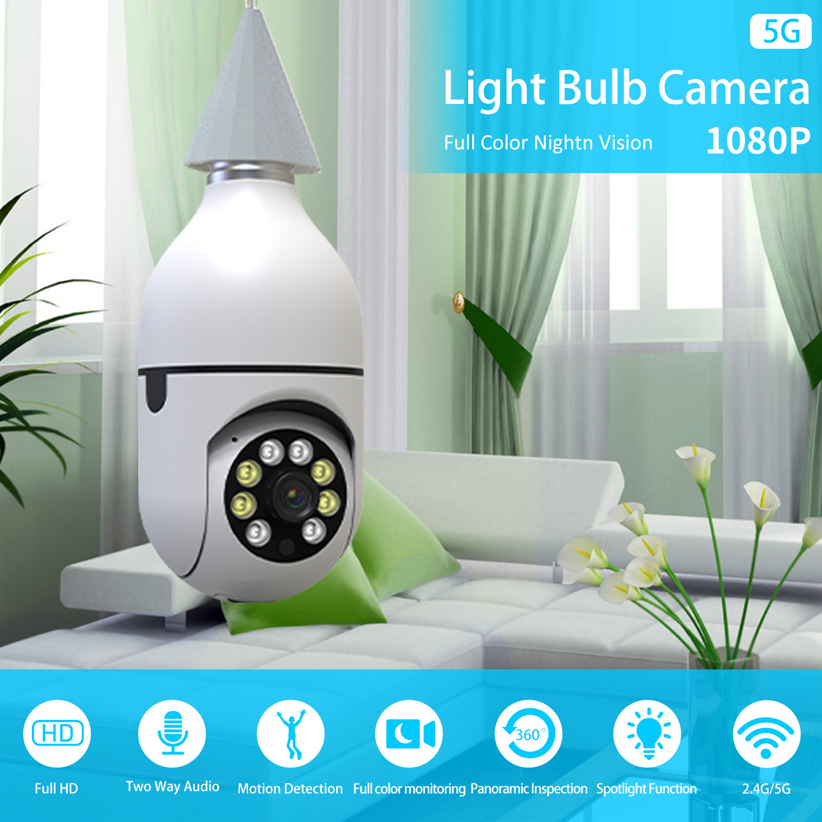 Home 5G Light Bulb Camera Night Vision Wireless Pan-Tilt E27 Lamp Holder icsee Pan-Tilt Surveillance