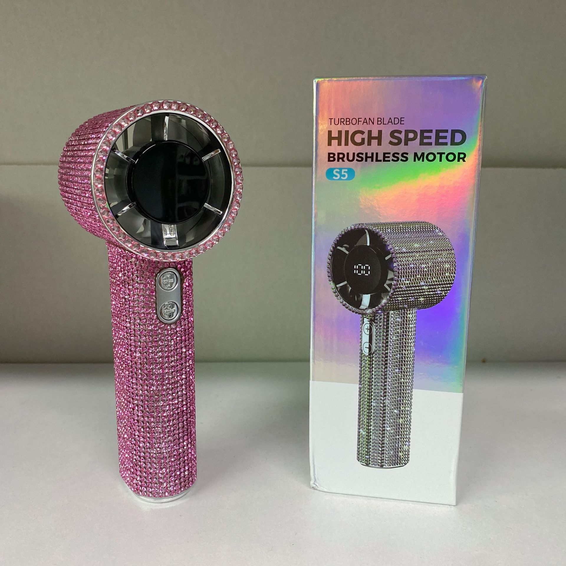 New S5 Diamond Handheld Small Fan 199 Gear Digital Display High Speed Fan Outdoor Portable Shining and Moving