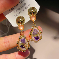 Exquisite Colored Dried Flower Amber Earrings Plated 18K Matte Gold Ear Accessories