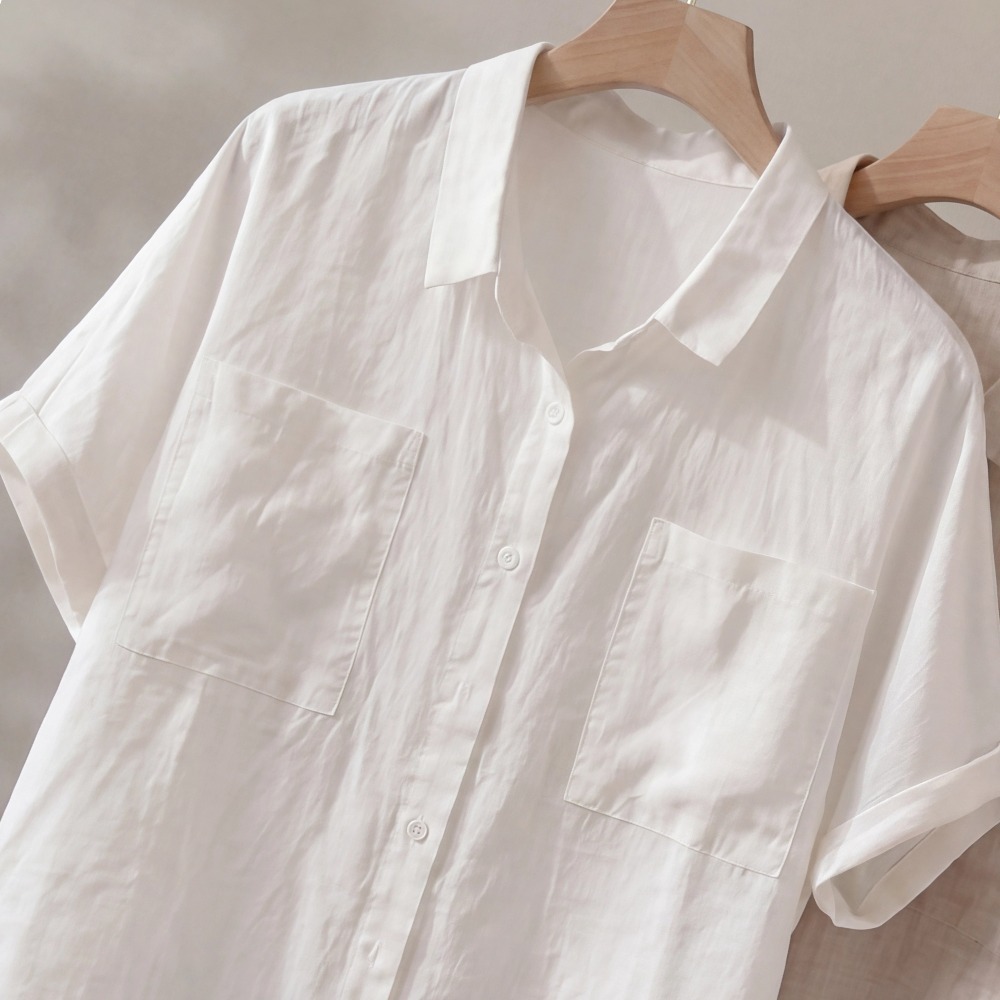 Linen short-sleeve shirt women summer simple loose turn-up thin casual white top