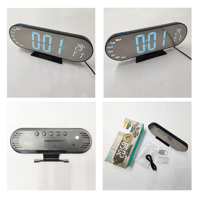 Desktop Color Screen Fantasy LED Digital Display Desktop Mirror Electronic Night Light Color Changing Living Room Silent Clock with Temperature