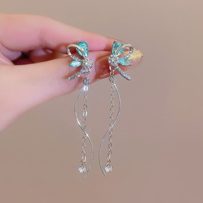 Blue Gradient Crystal Butterfly Long Tassel Ear Clips Super Fairy Simple Stud Earrings Ear Accessories