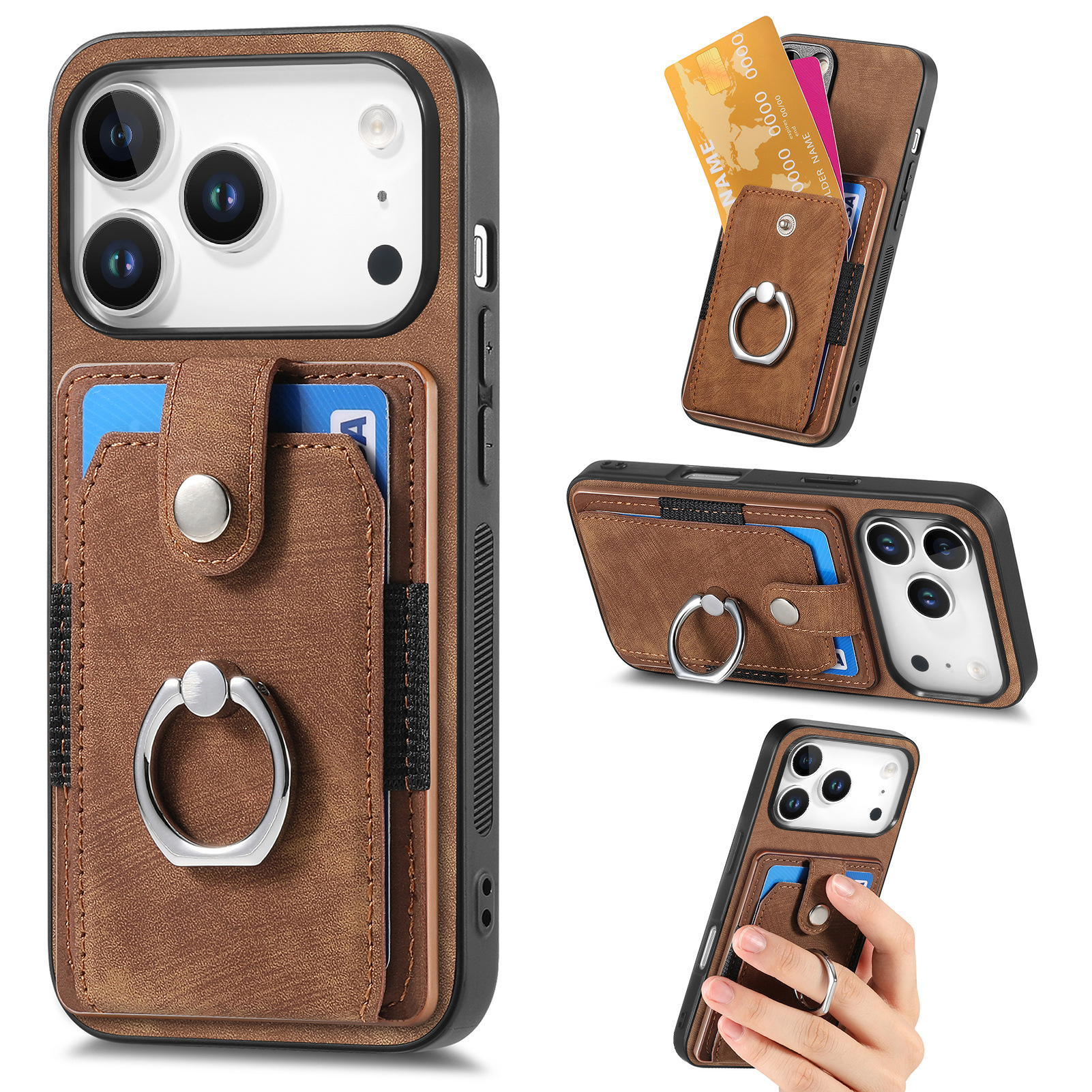 For Apple 18 card holder phone case solid color hardware ring car magnetic iPhone18 protective leather case