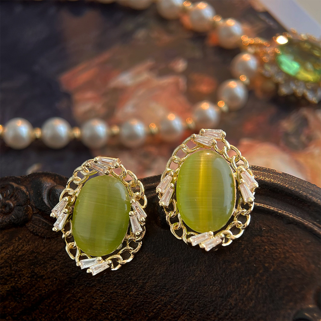 Vintage Retro Colored Gem Green Zircon Earring Collection Court Style Ear Studs Ear Accessories