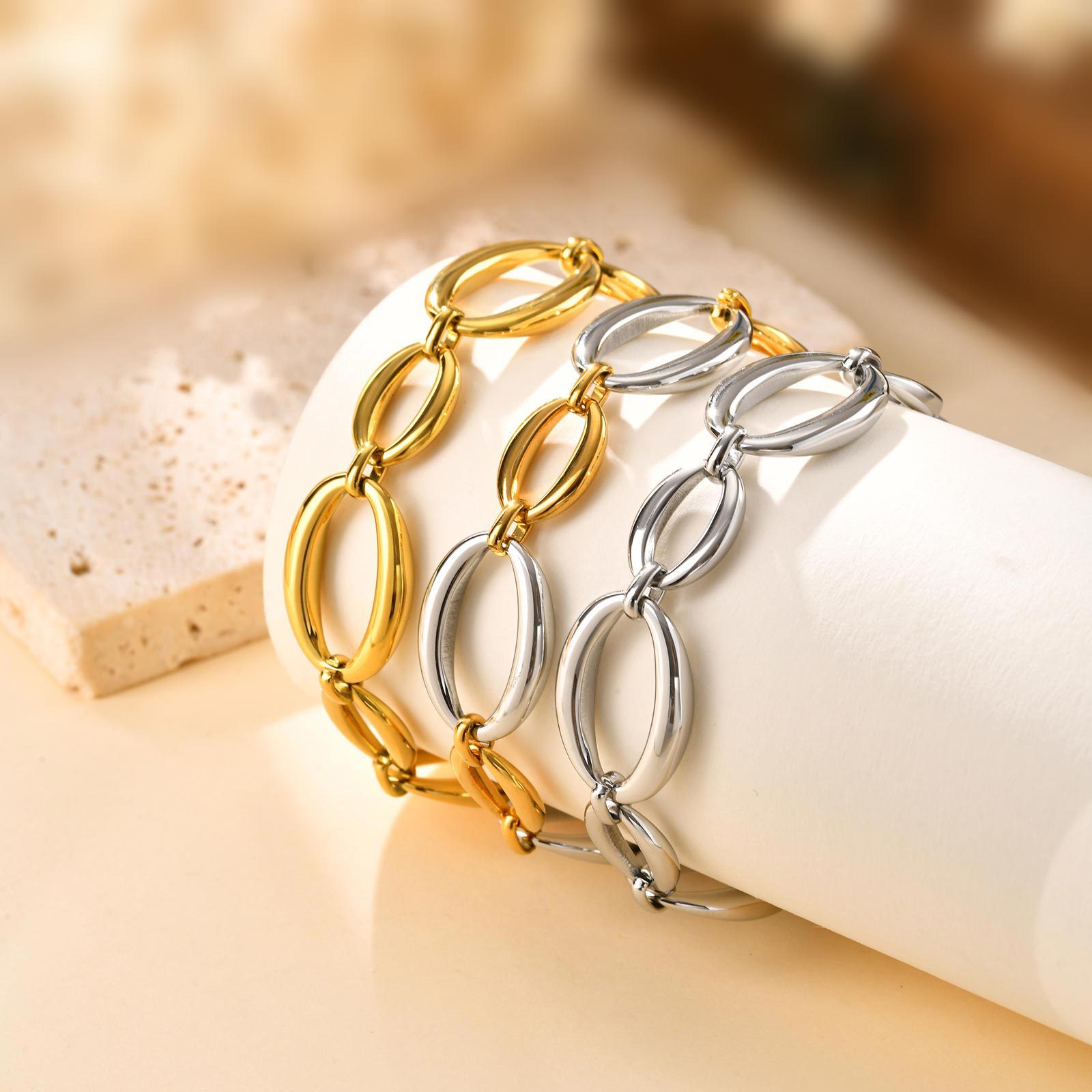 Original Huanmu Trading Women's Stainless Steel Large Chain Geometric Bracelet Gold Steel Color Simple Hand Jewelry