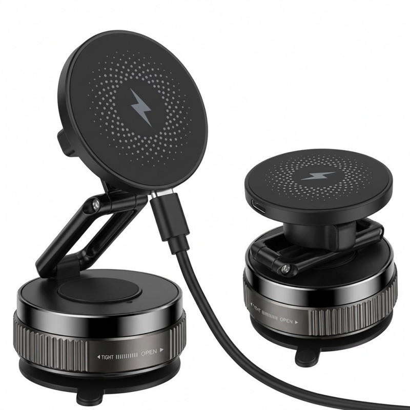Qi 2nd Gen 25W Zinc Alloy Magnetic Wireless Charger with Glue Vacuum Rotating Suction Cup Car Charging Stand