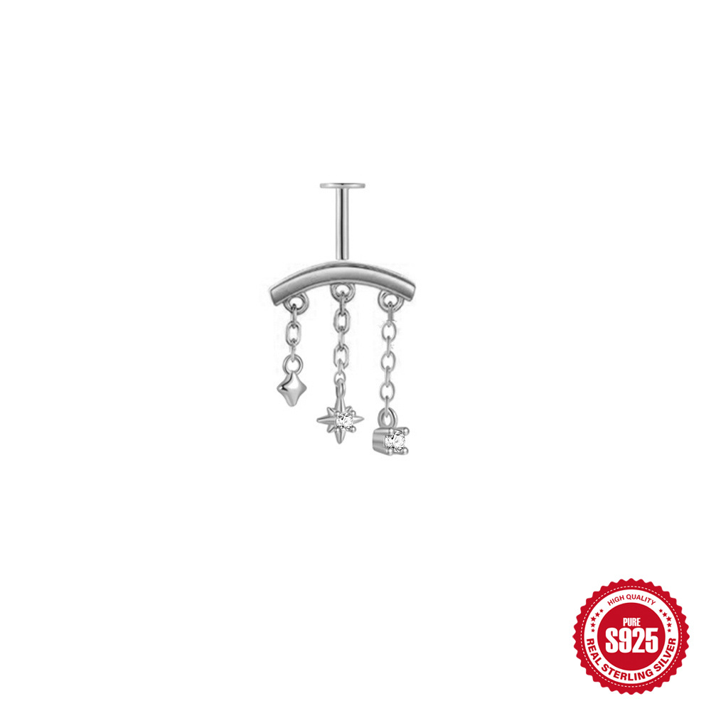 S925 sterling silver tassel eight-pointed star chain diamond-set ear stud piercing spiral accessories earrings
