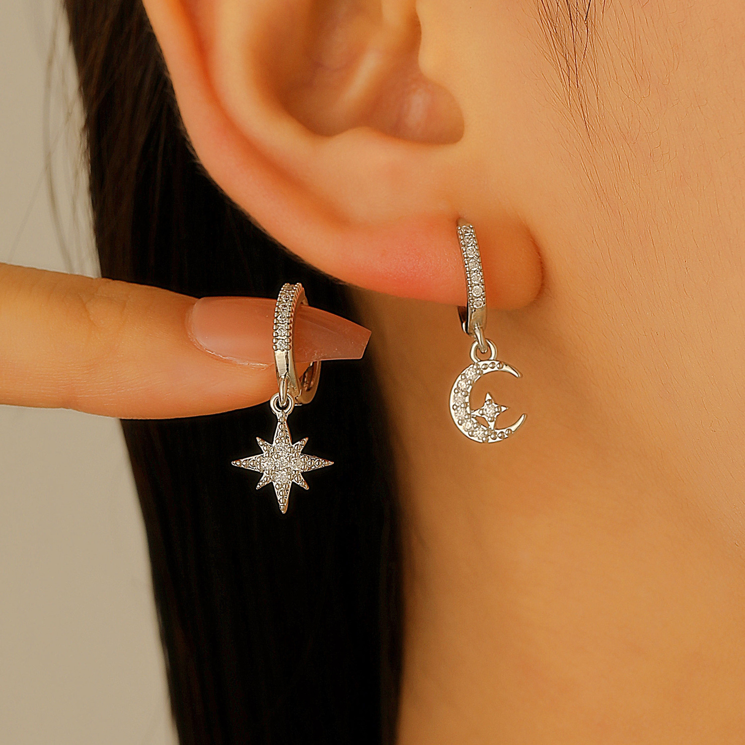 Star Moon Asymmetrical Earring Three-Piece Set Zircon Ear Stud Ear Cuff