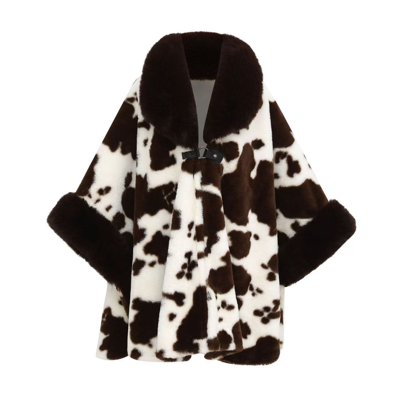 0952# Autumn Winter New Shawl Plus Size Loose Large Fur Collar Fleece Lined Thickened Cape Shawl Printed Wool Coat