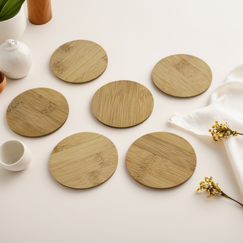 Bamboo coaster heat insulation pad simple wooden desktop anti-scald pad round tea set cup coaster engraved LOGO
