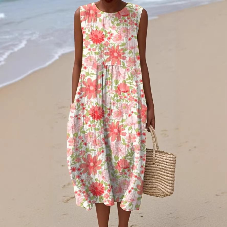 New Amazon Summer Sleeveless Pocket Casual Printed Long Dress Slim Fresh Style