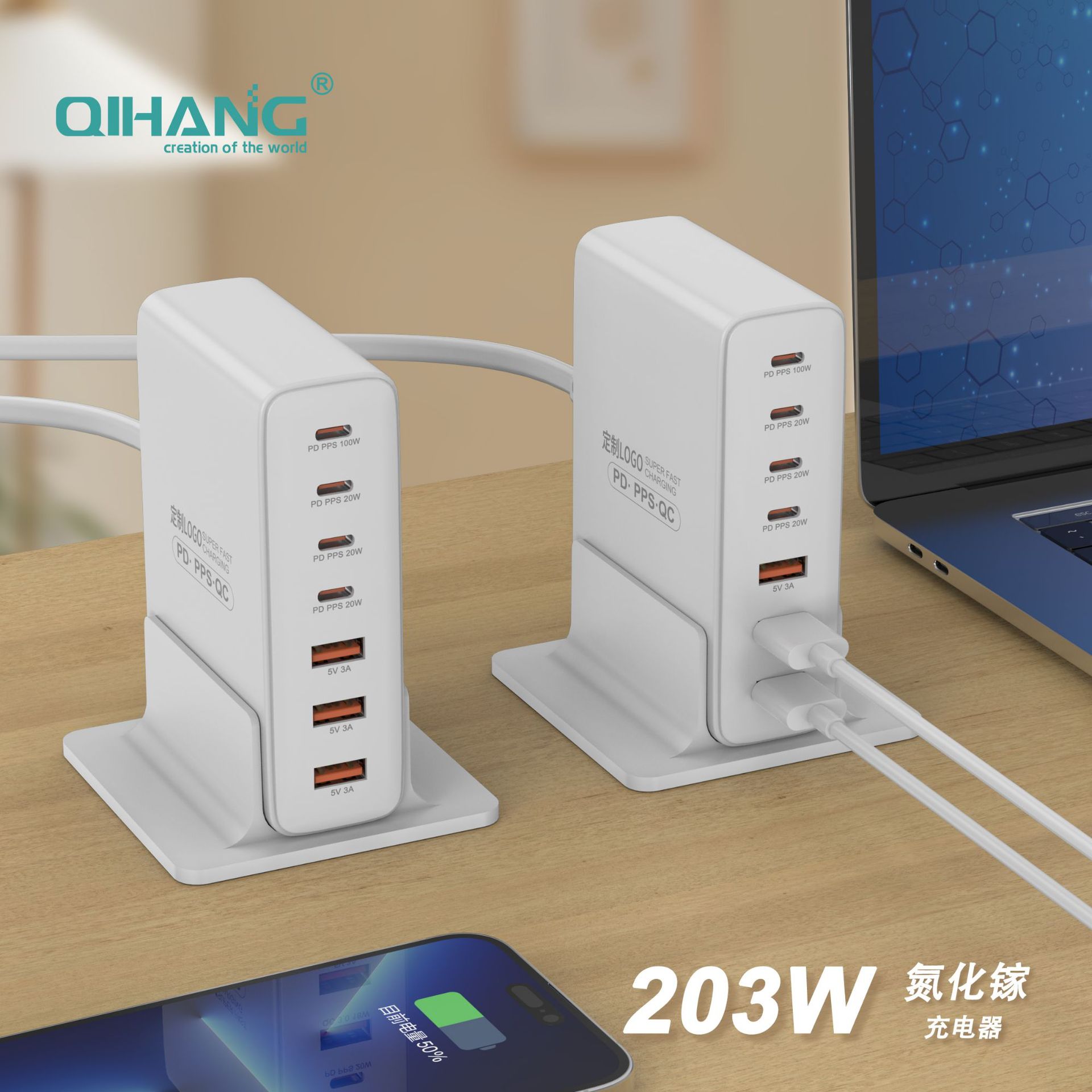 100W GaN Charger Fast Charging PD Multi-Port Charger qc3.0 Desktop Multi-Device Fast Charging Station