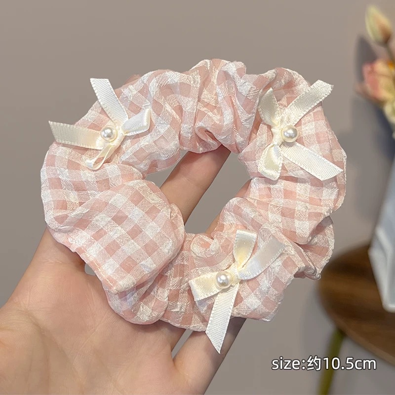 73#粉色格纹三只珍珠蝴蝶结约10cm