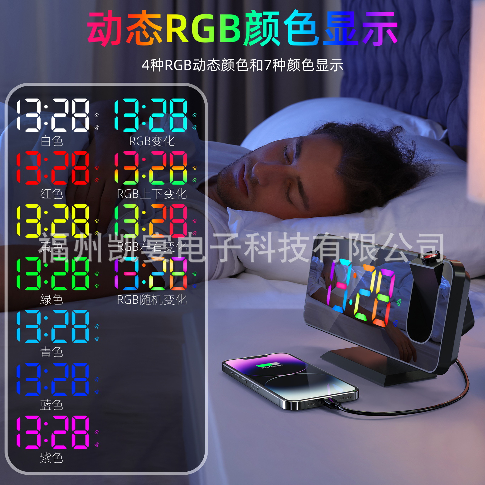 New Large Screen Mirror Dual Alarm RGB Colorful Gradient Projection Clock Electronic Clock