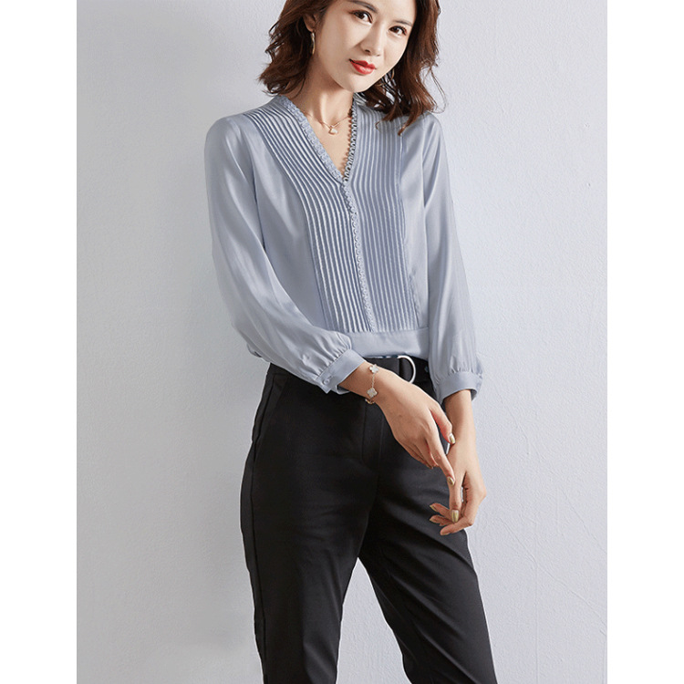 2026 Early Autumn New S328 Organ Pleats Button 18 Momme Silk Crepe de Chine White Shirt Women