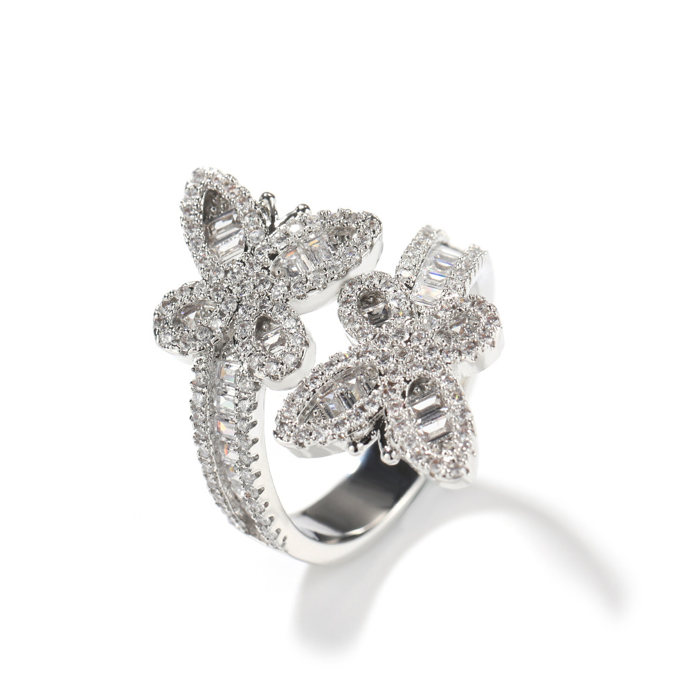 Diamond-studded staggered butterfly open ring unisex hip-hop ring