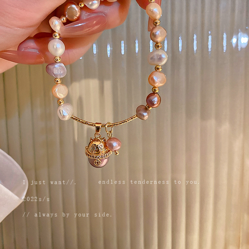 Baroque freshwater pearl zircon bracelet cat head bracelet hand jewelry for women