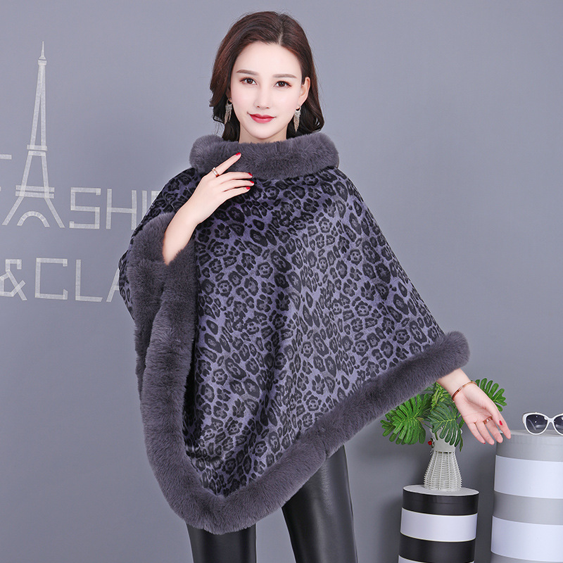 Pullover Street Pullover Poncho Fur Collar Non-Detachable Shawl Leopard Print Knit Fleece Poncho Fur Collar