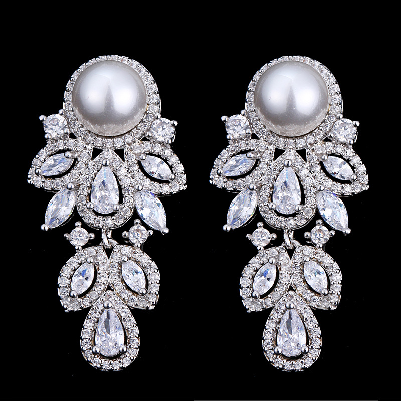 Dubai exaggerated long hollow earring ear stud earring AAA zircon super flash bridal evening earring