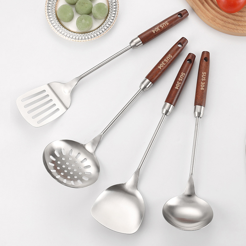 304 stainless steel spatula kitchenware set, wooden handle wok spatula, soup spoon, slotted spoon, kitchen tools