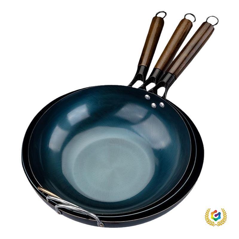 Old-fashioned uncoated flat-bottomed iron pan, pre-seasoned, household induction cooker stir-fry pan, non-stick pan, wok