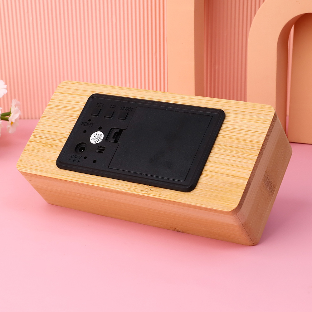 LED wooden mirror surface bamboo shell thermometer electronic clock, home living room decoration alarm clock solid wood