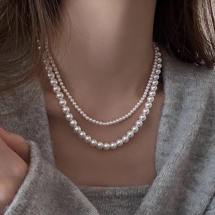 Swarovski True Multi-Ma Gray Double-Layer Layered Pearl Necklace for Women, Detachable Autumn Winter Sweater Chain Short