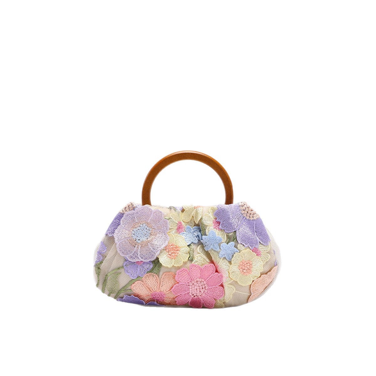 Round Ring Wooden Handle Bag Bamboo Knot Bag Applique Embroidery Vacation Style Women's Handbag Pearl Sequins Evening Bag