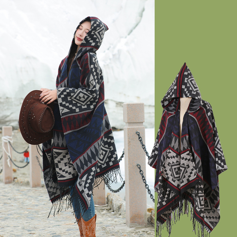 Sichuan Tibet Bohemian Photo Knit Shawl Scenic Area Hooded Scarf Cape Yunnan Cape Shawl Women