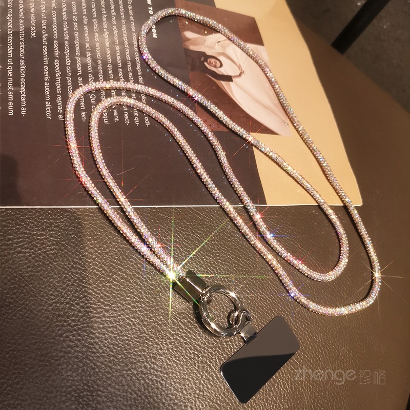 Diagonal full diamond hanging chain women's phone lanyard long back strap metal clip Nordic small fragrance style