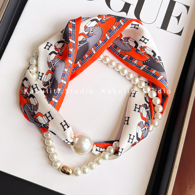 New neck protection pearl small silk scarf for women, two-piece set summer long strip magnetic buckle decorative pendant neck scarf simple wrap