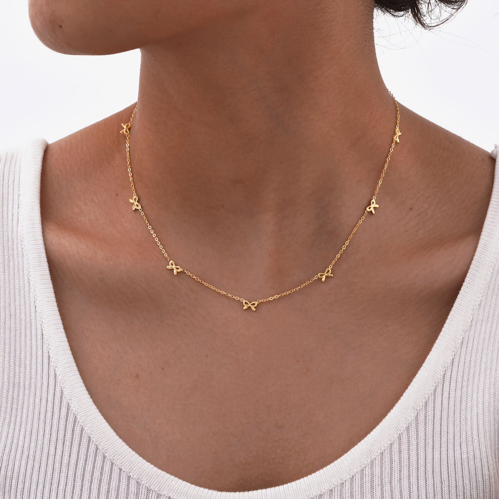 Huanmu Accessories Necklace Stainless Steel Flat Cross Chain Bow Summer Collarbone Chain Gold
