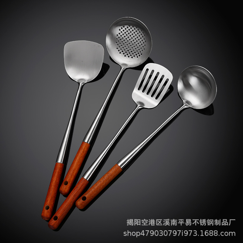 304 Stainless Steel Spatula Extended Wooden Handle Frying Spatula Spoon Cooking Spoon Kitchen Supplies Cookware Set
