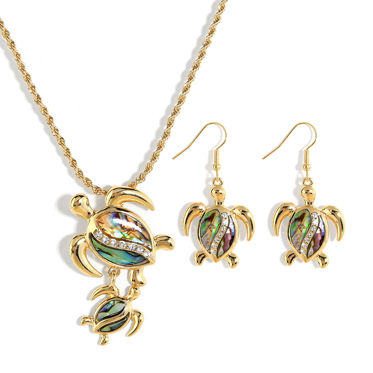 Natural Abalone Shell Applique Turtle Jewelry Set Hawaiian Style Necklace Earrings Two-Piece Set