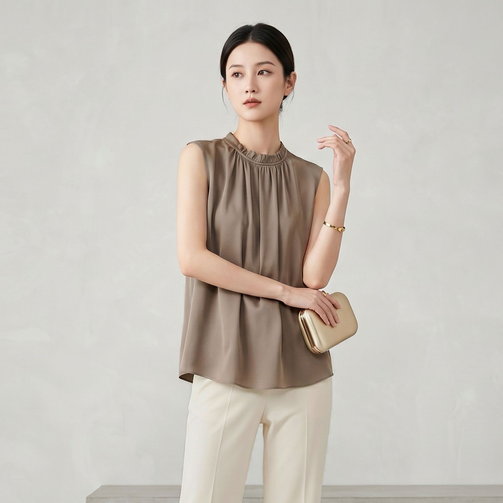 New Satin Mulberry Silk T-Shirt for Women Summer Commute Ruffled Sleeveless Vest Top Mid-Length
