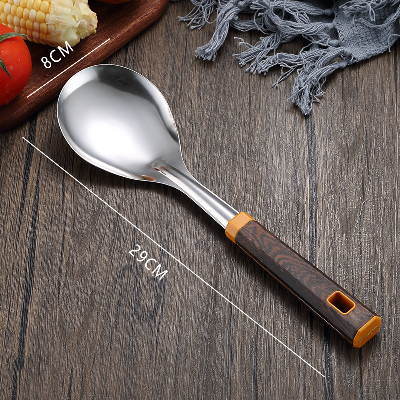 Stainless steel thickened wok spatula soup spoon home kitchen chef cooking anti-scald wok spatula wood grain handle set