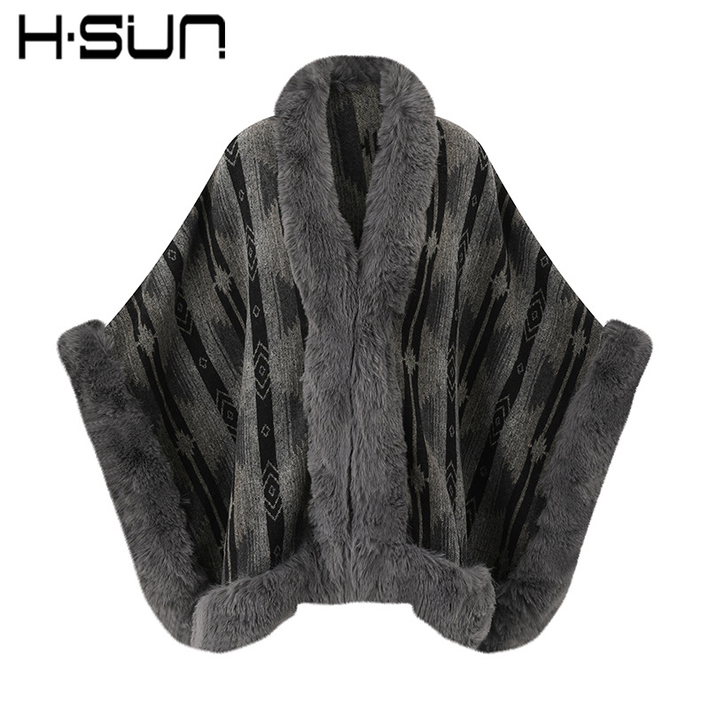 Autumn and Winter Large Loose Imitation Rabbit Fur Collar Split Knit Sweater Women's Poncho Cape Warm Cape Coat