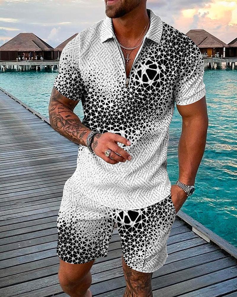 2026 New Men's Casual Sports Suit Summer Short Sleeve Polo Shirt Shorts Two Piece Set Color Block Print
