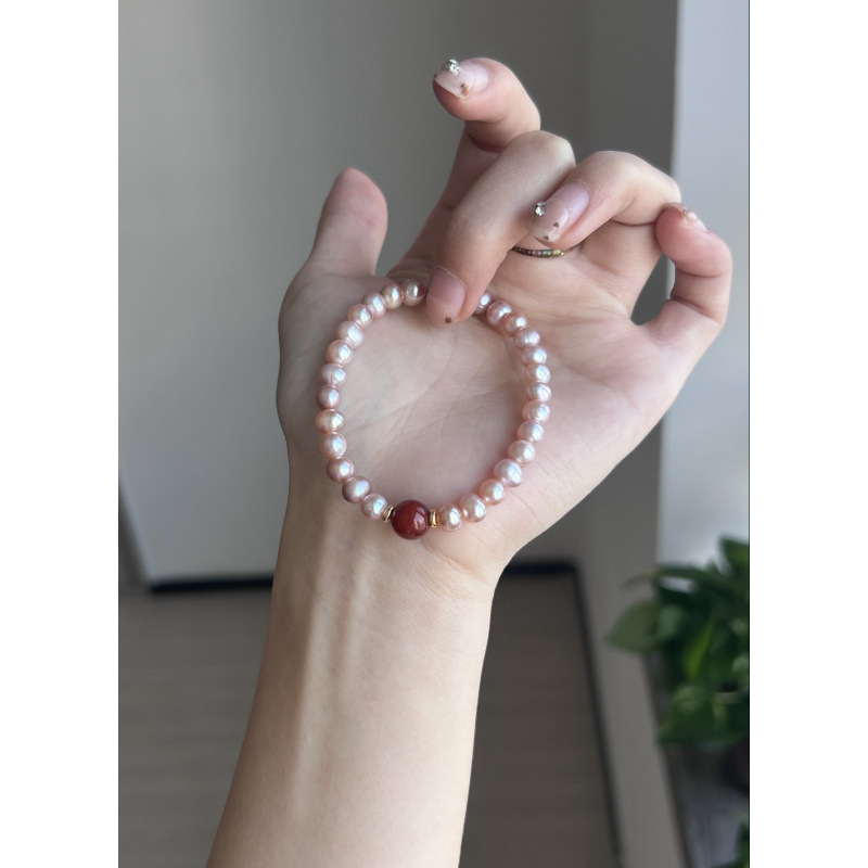 16cm · 粉紫天然珍珠朱砂串珠手链