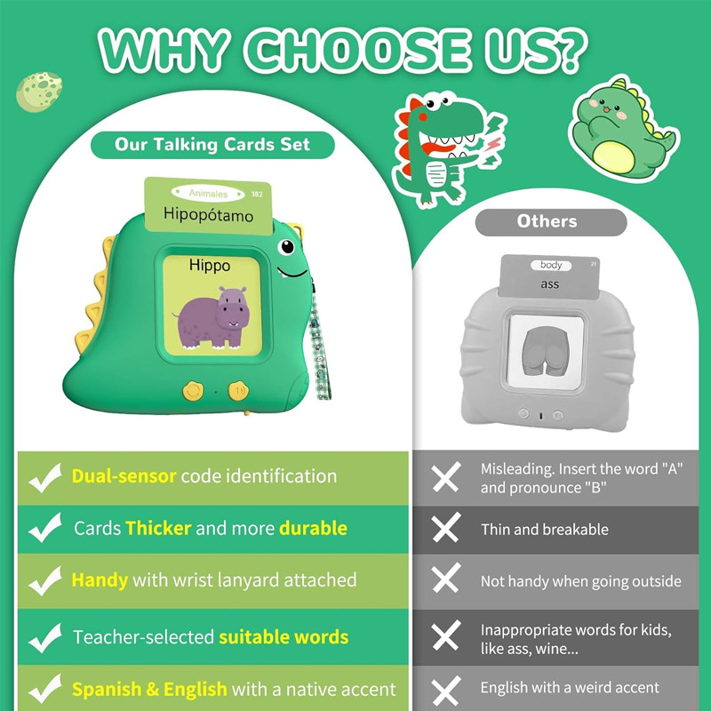 Dinosaur Card Machine English Spanish Bilingual Children's Enlightenment Foreign Language Learning Card Insert Machine Educational Toy