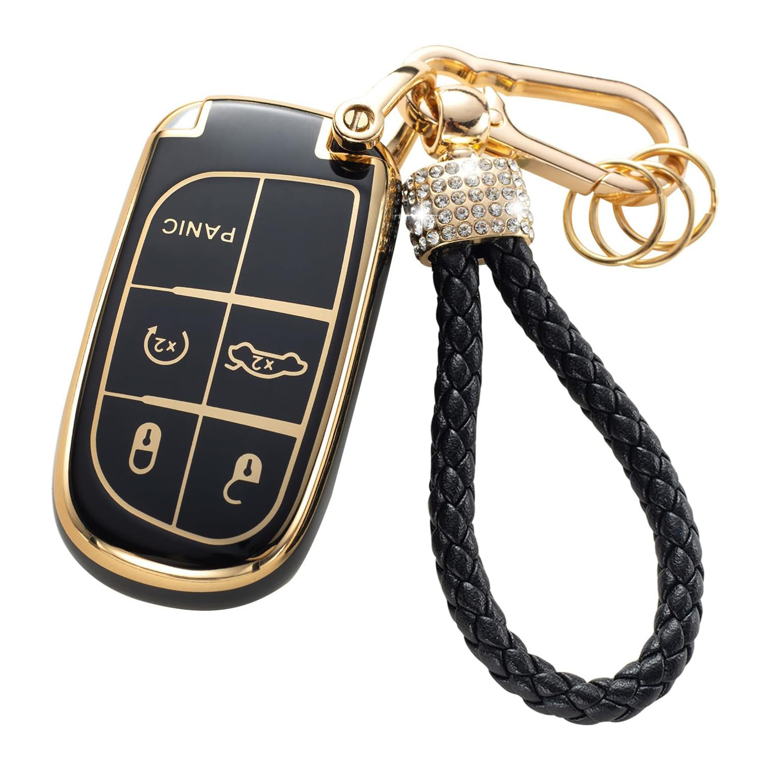 Gold Edge Black Key Car Key Bag Set Rhinestone Carabiner Pendant Keychain