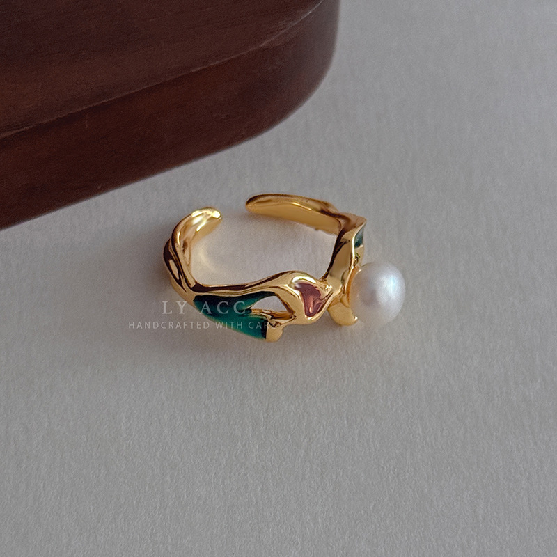 Natural Rectangular Irregular Baroque Pearl Open Ring for Women, Niche and Simple Ring